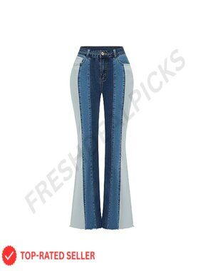 Patchwork Flare Jeans High Waisted Bell Bottom Stretch Denim Pants